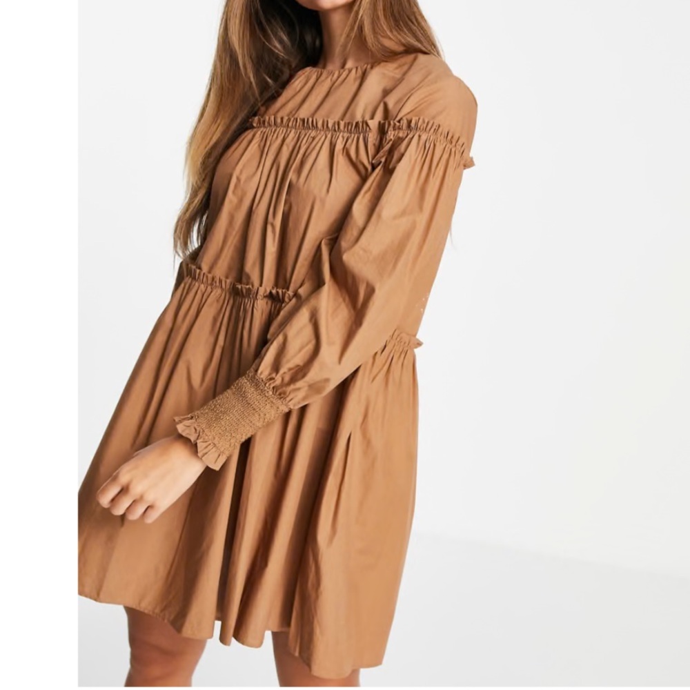 Mango MNG Size 6 Puffed Tiered Sleeve Organic Cotton‎ Camel Neutral Mini Dress
